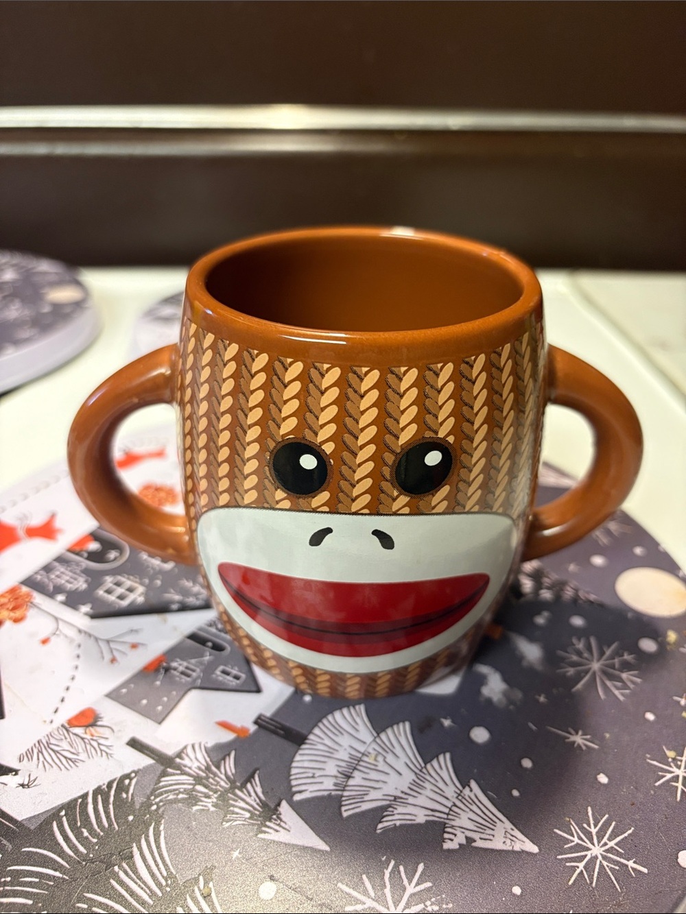 Playful Sock Monkey Double-Handled Ceramic Mug by Galerie